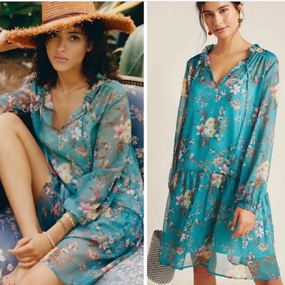 Maeve Green and Blue Bishop Sleeve Sundress